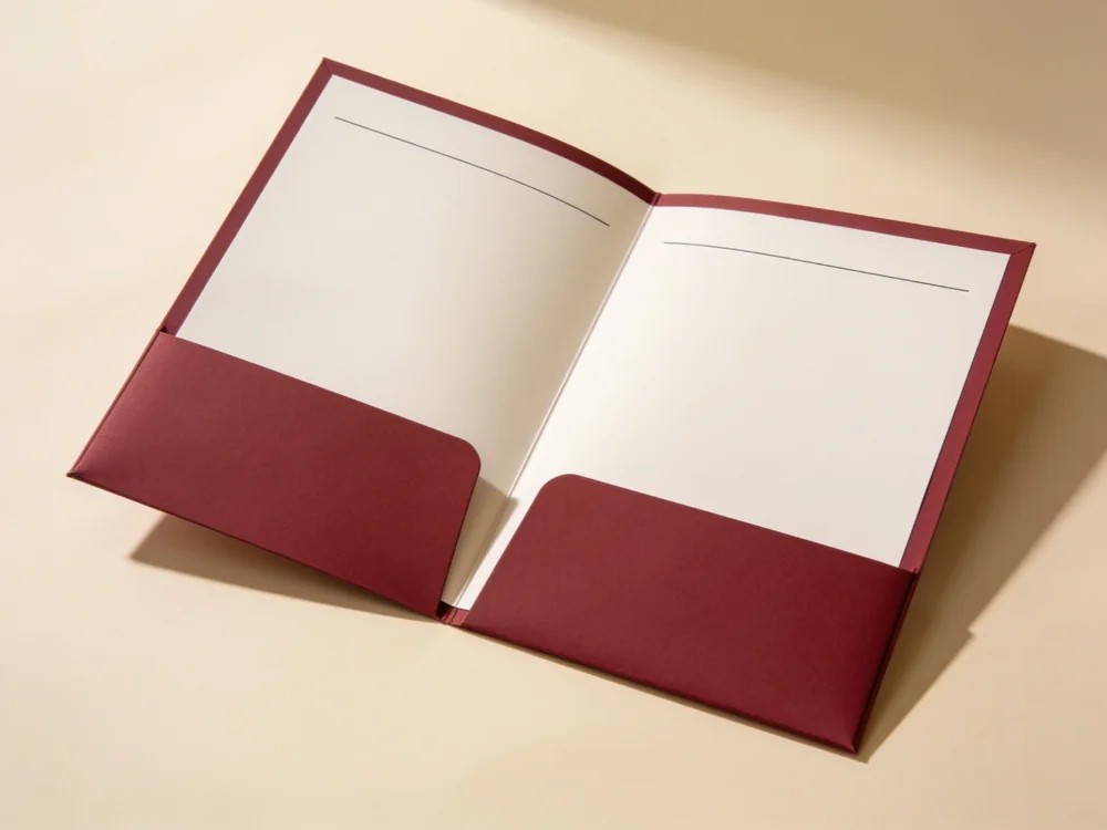 Two-pocket presentation folder — Matte cardstock; two internal pockets; center fold