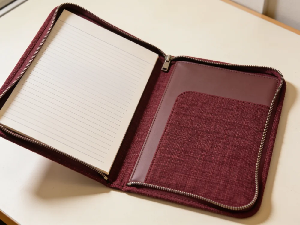 Zip document folio — Woven polyester shell; perimeter zipper; internal sleeve